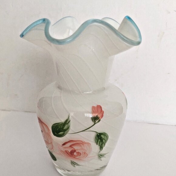 Fenton Designed Teleflora White Opalescent Vase Blue Crest Ruffled Hand Painted - Picture 1 of 11